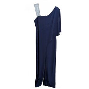 R&M Richards Women's Jumpsuit Evening 12 Navy Beaded One-Shoulder Wide Leg Pant